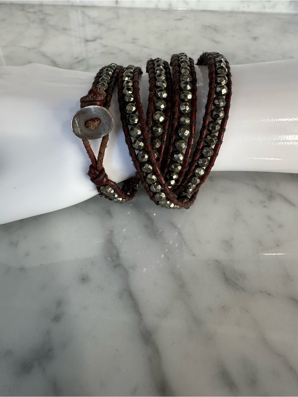 Brown Leather Wrap Bracelet with Pyrite Beads